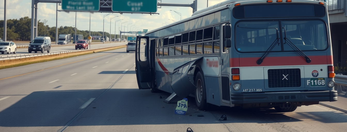 a damaged bus on the highway after a crash with a car