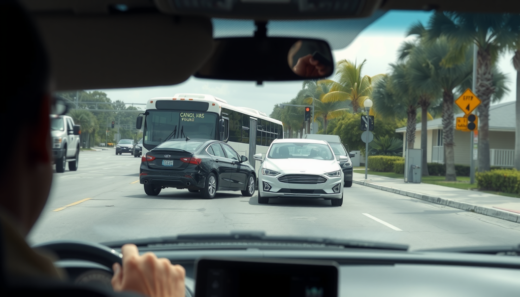 accident between a car and a bus on a street in florida