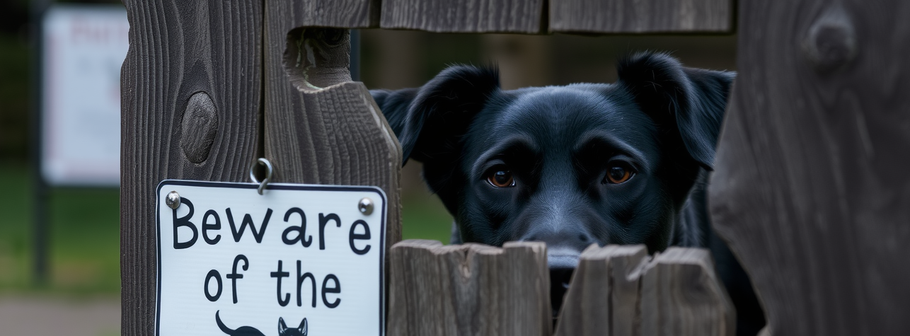 A dog watching through a wooden fence with a sign reading "Beware of the Dog"

